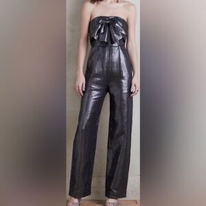 Rachel Antonoff Shira 100% Linen Metallic Jumpsuit in Silver Grey Color size 2P